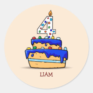 Jongen 4e verjaardag, 4 op de zoete blauwe Cake Ronde Sticker