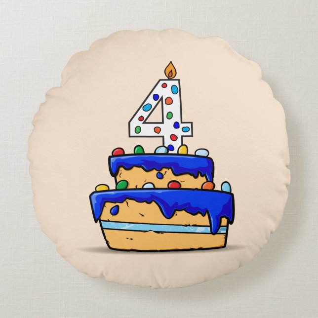 Jongen 4e verjaardag, 4 op zoete blauwe cake rond kussen (Voorkant)