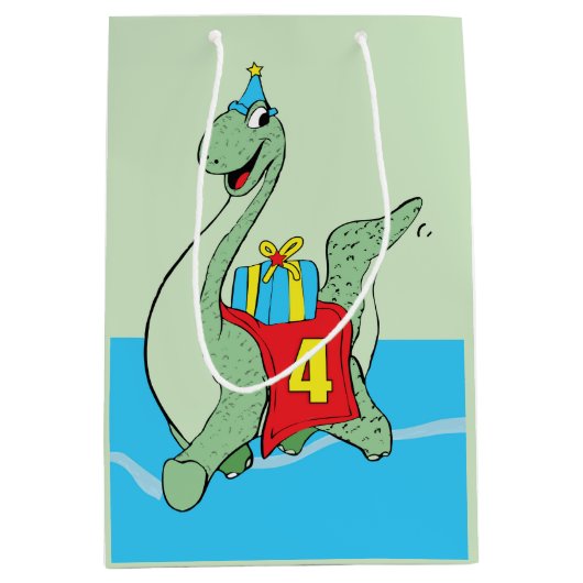 Jongen, 4e verjaardag dinosaurus medium cadeauzakje (Voorkant)