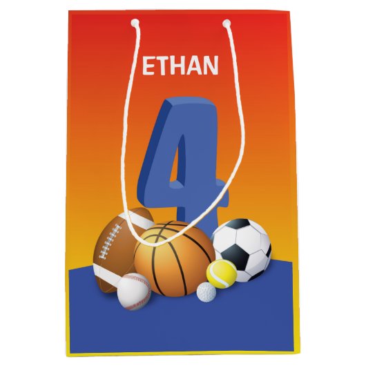 Jongen 4e verjaardag Sportbannen Medium Cadeauzakje (Voorkant)