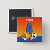 Jongen 4e verjaardag Sportbannen Vierkante Button 5,1 Cm (Voorkant /achterkant)