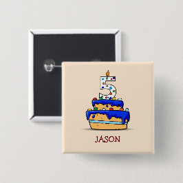Jongen 5e verjaardag, 5 op zoete blauwe cake vierkante button 5,1 cm