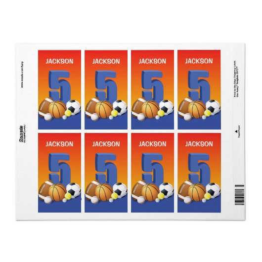 Jongen 5th Birthday Sports Balls Etiket (Full Sheet)