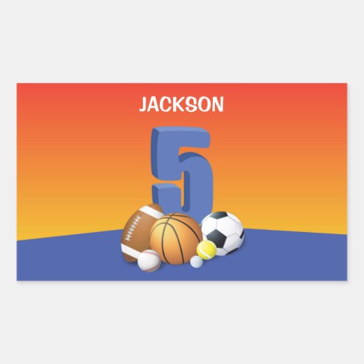 Jongen 5th Birthday Sports Balls Rechthoekige Sticker (Voorkant)