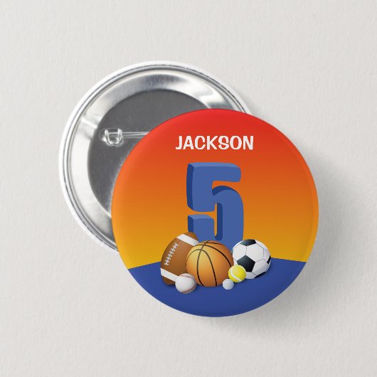 Jongen 5th Birthday Sports Balls Ronde Button 5,7 Cm (Voorkant /achterkant)