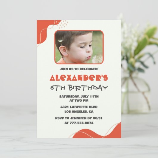 Jongen 6e verjaardag uitnodigingen Modern Photo Re (Staand voorkant)