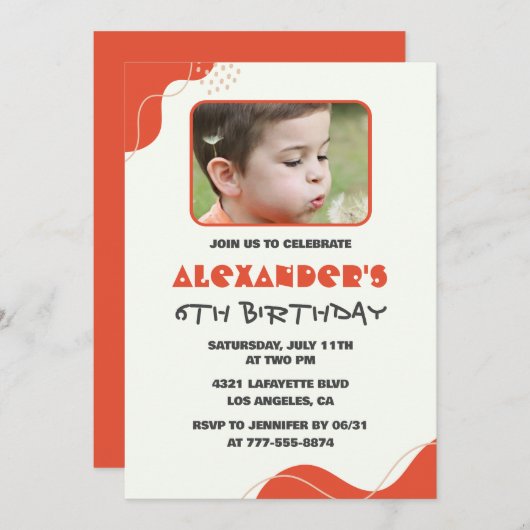 Jongen 6e verjaardag uitnodigingen Modern Photo Re (Voorkant / Achterkant)