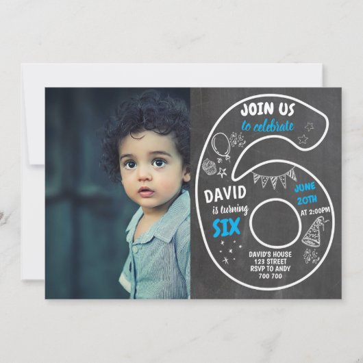 Jongen 6th Birthday Chalkboard met foto Number Blu Kaart (Voorkant)