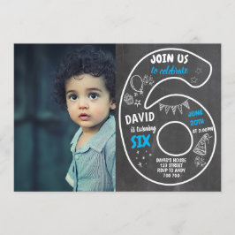 Jongen 6th Birthday Chalkboard met foto Number Blu Kaart