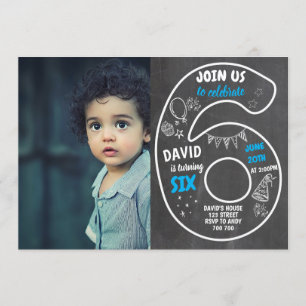 Jongen 6th Birthday Chalkboard met foto Number Blu Kaart