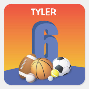 Jongen 6th Birthday Sports Balls Vierkante Sticker