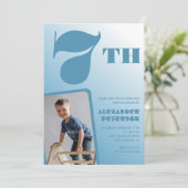 Jongen 7e verjaardag uitnodigingen Blauwe foto (Staand voorkant)