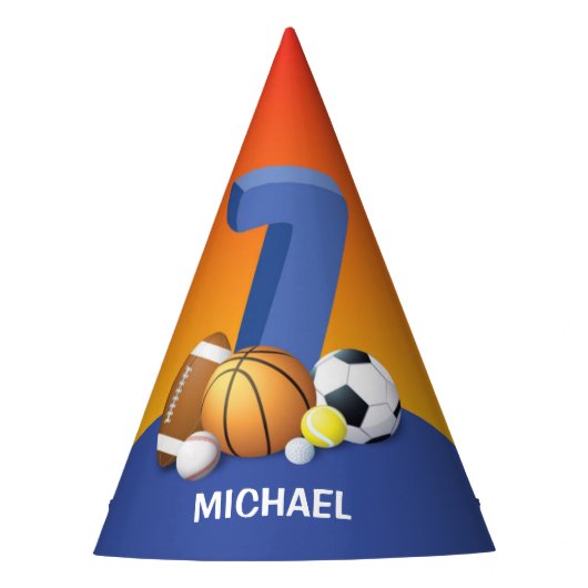 Jongen 7th Birthday Sports Balls Feesthoedjes (Voorkant)