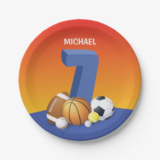 Jongen 7th Birthday Sports Balls Papieren Bordje (Voorkant)