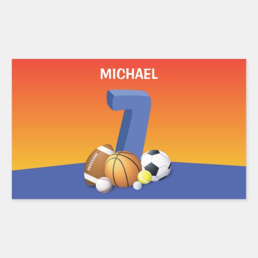 Jongen 7th Birthday Sports Balls Rechthoekige Sticker (Voorkant)