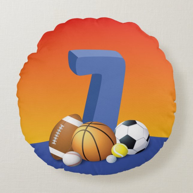 Jongen 7th Birthday Sports Balls Rond Kussen (Voorkant)