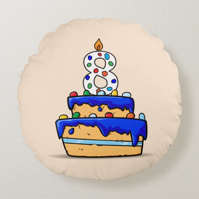 Jongen 8e verjaardag, 8 op zoete blauwe cake rond kussen (Voorkant)
