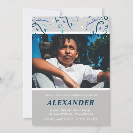 Jongen 8e verjaardag uitnodigingen Confetti Photo  (Voorkant)