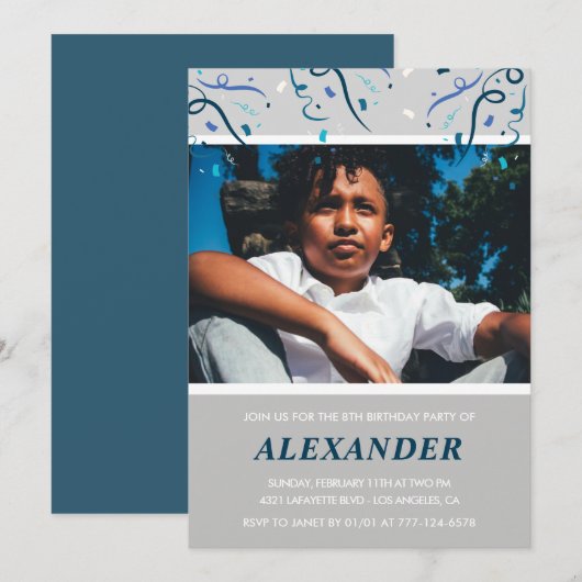 Jongen 8e verjaardag uitnodigingen Confetti Photo  (Voorkant / Achterkant)