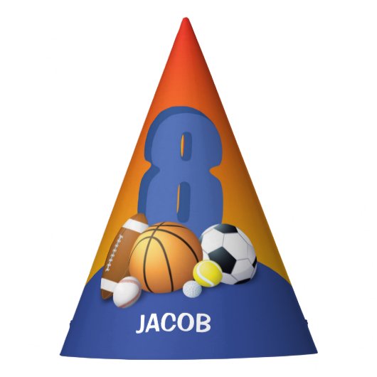 Jongen 8th Birthday Sports Balls Feesthoedjes (Voorkant)