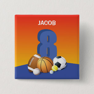 Jongen 8th Birthday Sports Balls Vierkante Button 5,1 Cm