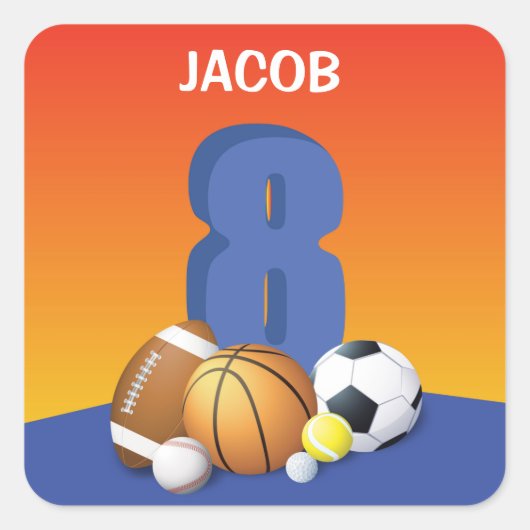 Jongen 8th Birthday Sports Balls Vierkante Sticker (Voorkant)