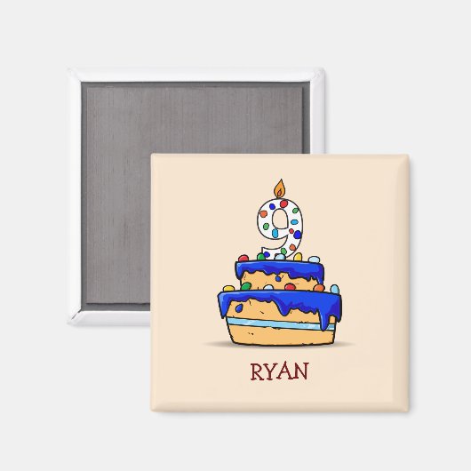 Jongen 9e verjaardag, 9 op de zoete blauwe Cake Magneet (Voorkant / Achterkant)