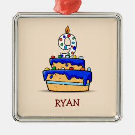 Jongen 9e verjaardag, 9 op zoete blauwe cake metalen ornament