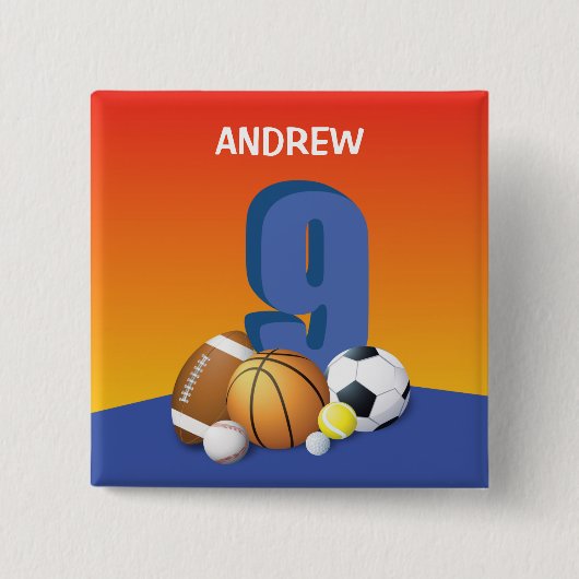 Jongen 9e verjaardag Sportbannalen Vierkante Button 5,1 Cm (Voorkant)