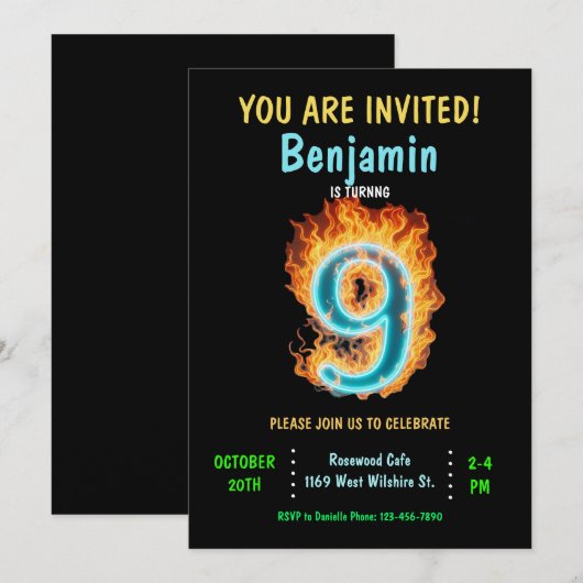 Jongen 9e verjaardag uitnodiging, jongen 9e verjaa kaart (Voorkant / Achterkant)