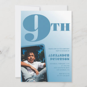 Jongen 9e verjaardag uitnodigingen Blauwe foto