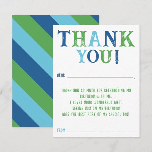 Jongen Aangepast gestreept, Birthday invullen Dank Notitiekaartje (Voorkant / Achterkant)