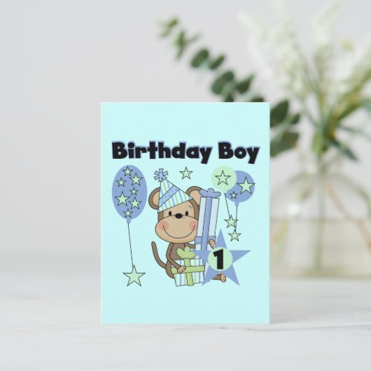 Jongen Aap Met Cadeaus 1e Verjaardag Briefkaart (Staand voorkant)