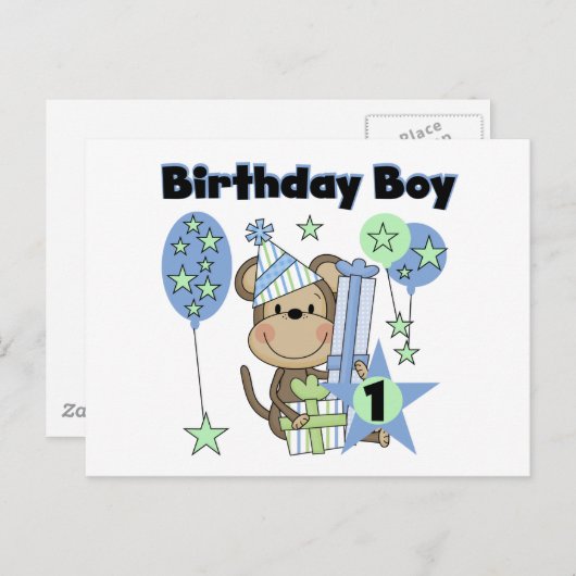 Jongen Aap Met Cadeaus 1e Verjaardag Briefkaart (Voorkant / Achterkant)