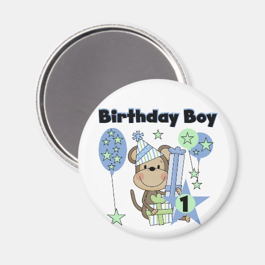 Jongen Aap Met Cadeaus 1e Verjaardag Magneet (Voorkant / Achterkant)