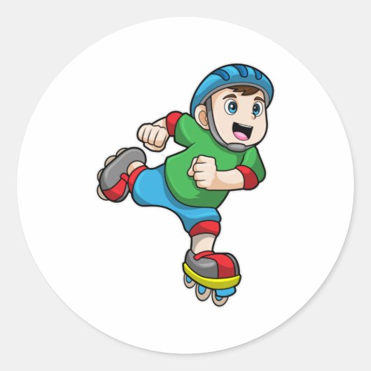 Jongen als Skater met Schaatsen en helm Ronde Sticker (Voorkant)