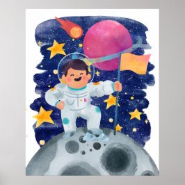 Jongen astronaut eerste stap maan vlag buitenruimt poster