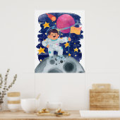 Jongen Astronaut First Step Moon Vlag Buitenruimte Poster (Keuken)