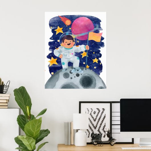 Jongen Astronaut First Step Moon Vlag Buitenruimte Poster (Thuiskantoor)