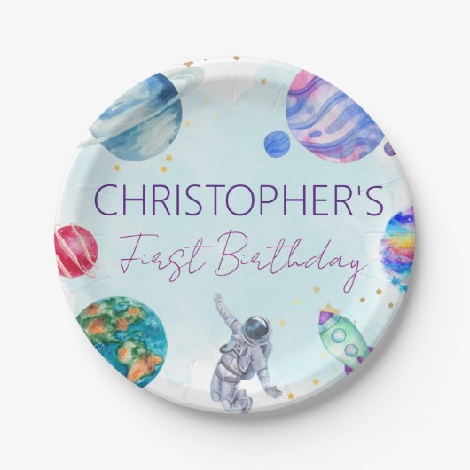 Jongen Astronaut Gold Blue Rocket Ship Planet Papieren Bordje (Voorkant)