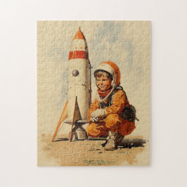 Jongen astronaut retro stijl legpuzzel