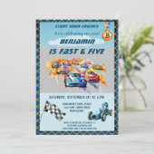 Jongen Auto Auto Racing Thema 5e Verjaardagsfeest Kaart (Staand voorkant)