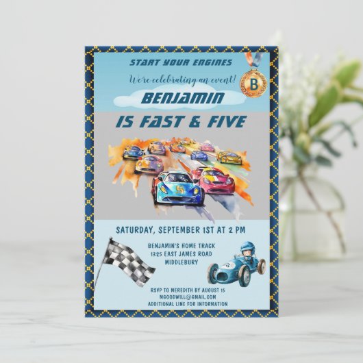 Jongen Auto Auto Racing Thema 5e Verjaardagsfeest Kaart (Staand voorkant)