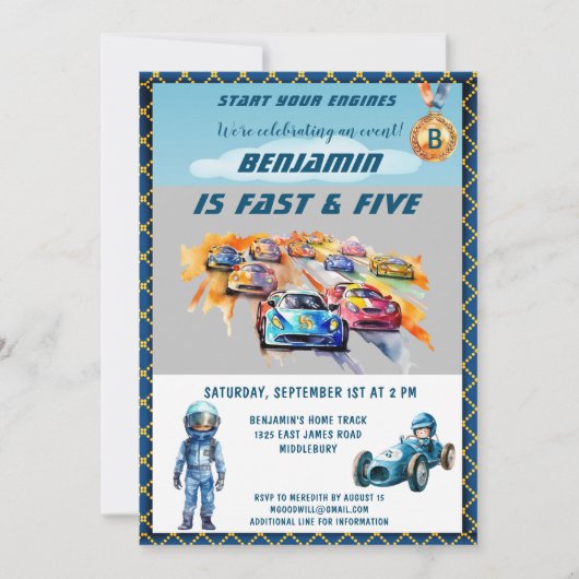 Jongen Auto Auto Racing Thema 5e Verjaardagsfeest Kaart (Voorkant)