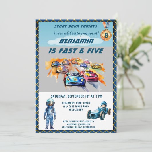 Jongen Auto Auto Racing Thema 5e Verjaardagsfeest Kaart (Staand voorkant)