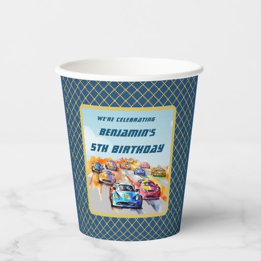 Jongen Auto Racing Thema 5e Verjaardagsfeest Papieren Bekers (Voorkant)