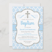 Jongen Baby Blauw en Zilver Damast Doop Kaart (Voorkant)