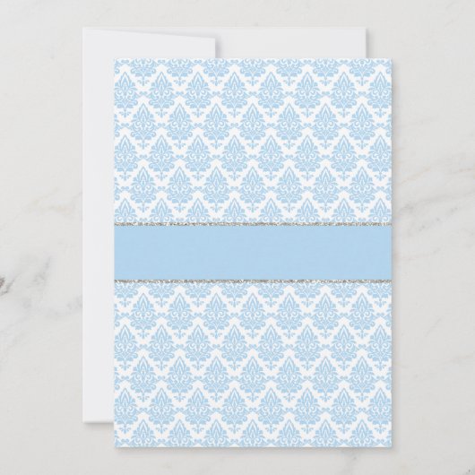 Jongen Baby Blauw en Zilver Damast Doop Kaart (Achterkant)