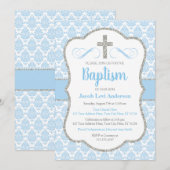 Jongen Baby Blauw en Zilver Damast Doop Kaart (Voorkant / Achterkant)