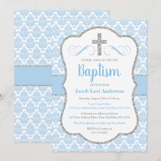 Jongen Baby Blauw en Zilver Damast Doop Kaart (Voorkant / Achterkant)
